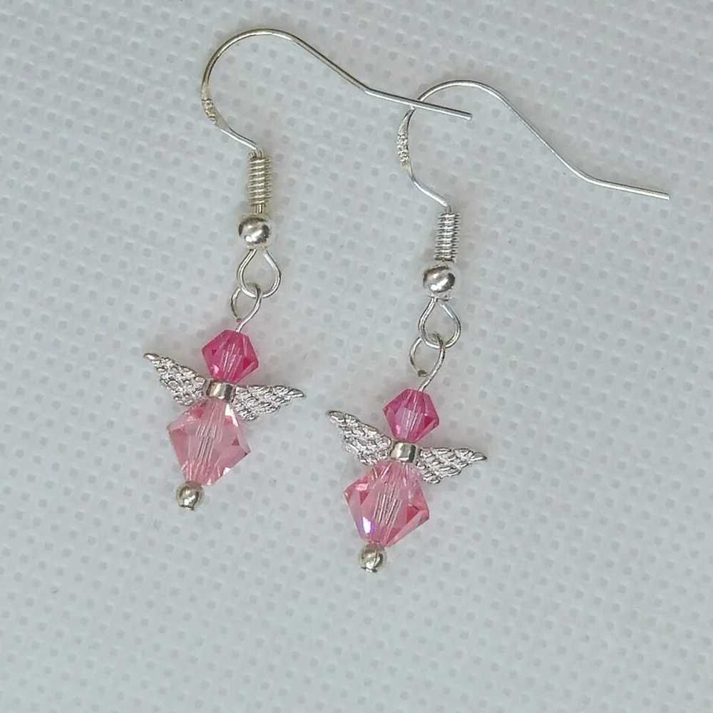 Handmade Pink AB Crystal Guardian Angel Sterling Silver Earrings Handmade by me! - Picture 7 of 14